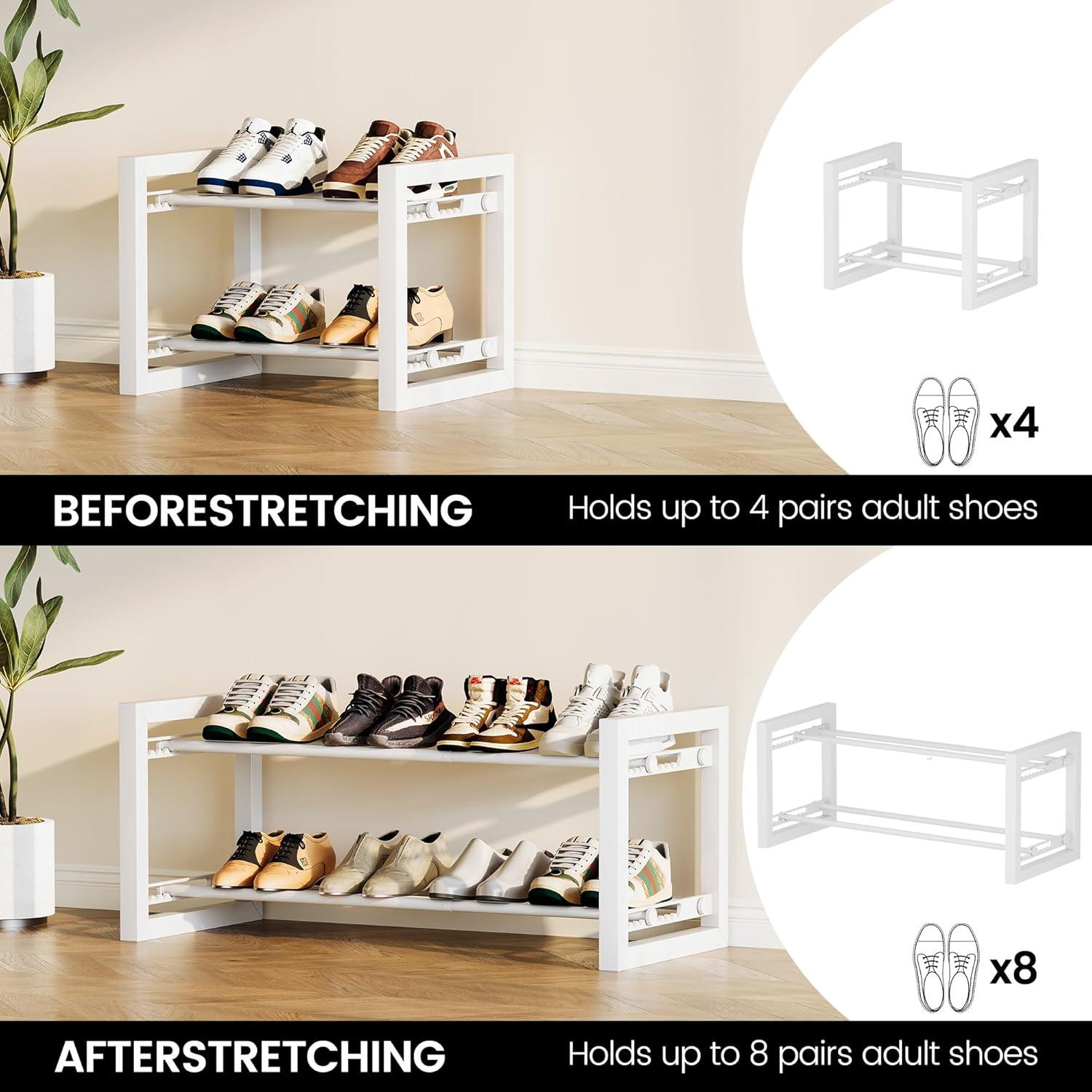 imageHomeiju Expandable Shoe Rack 2 Tier Metal Shoe Shelf Adjustable Shoe Stand for Sneakers Boots Heels HeavyDuty Steel Standing Shoe Organizer for Entryway Closet Bedroom BlackWhite
