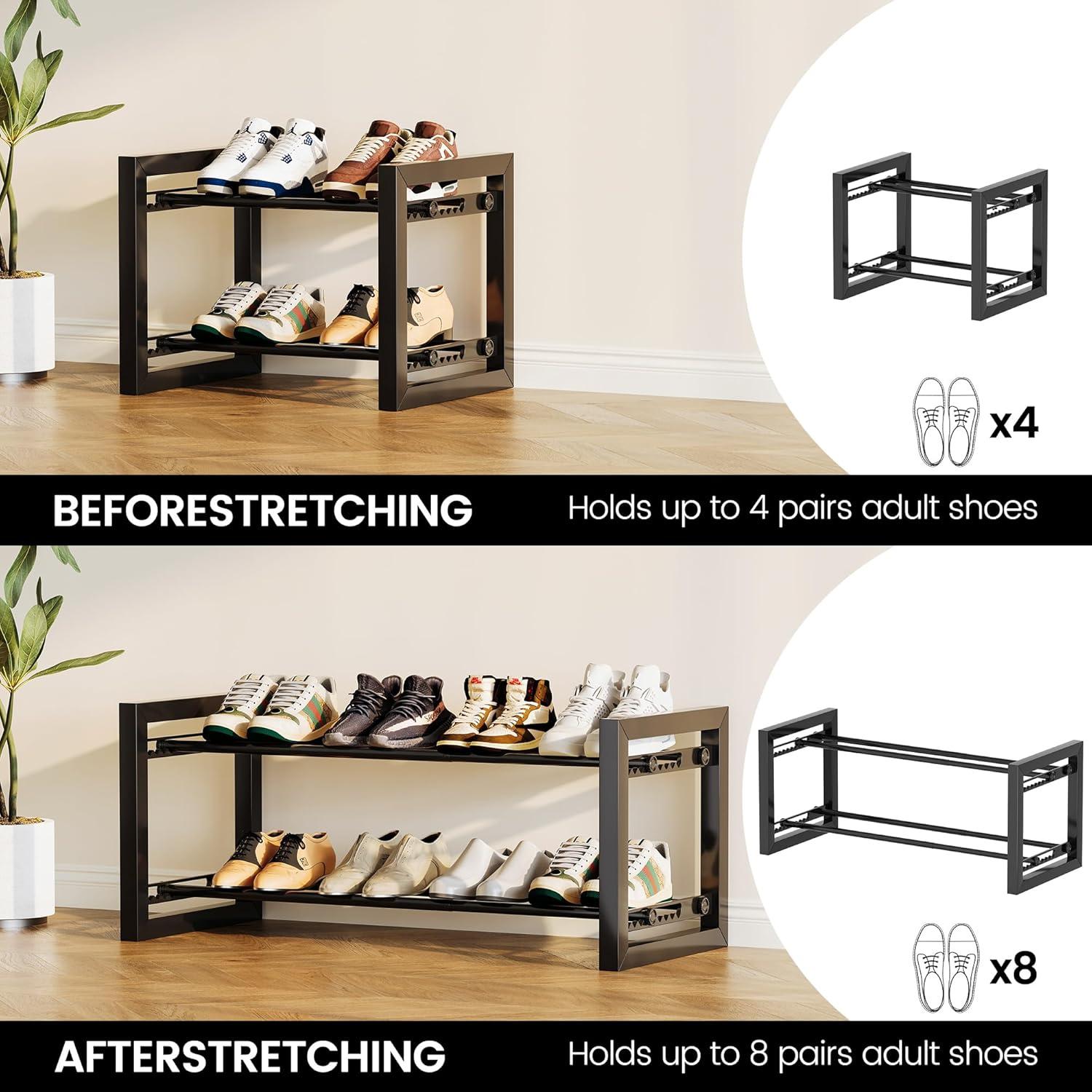 imageHomeiju Expandable Shoe Rack 2 Tier Metal Shoe Shelf Adjustable Shoe Stand for Sneakers Boots Heels HeavyDuty Steel Standing Shoe Organizer for Entryway Closet Bedroom BlackBlack