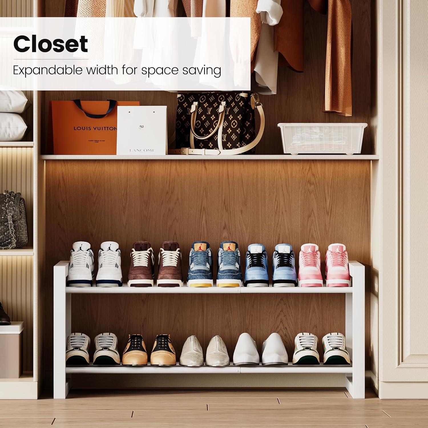 imageHomeiju Expandable Shoe Rack 2 Tier Metal Shoe Shelf Adjustable Shoe Stand for Sneakers Boots Heels HeavyDuty Steel Standing Shoe Organizer for Entryway Closet Bedroom BlackWhite