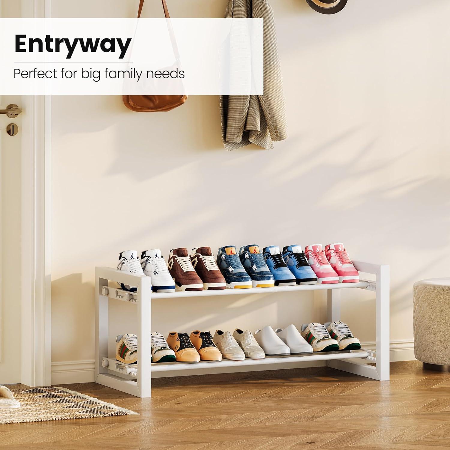 imageHomeiju Expandable Shoe Rack 2 Tier Metal Shoe Shelf Adjustable Shoe Stand for Sneakers Boots Heels HeavyDuty Steel Standing Shoe Organizer for Entryway Closet Bedroom BlackWhite