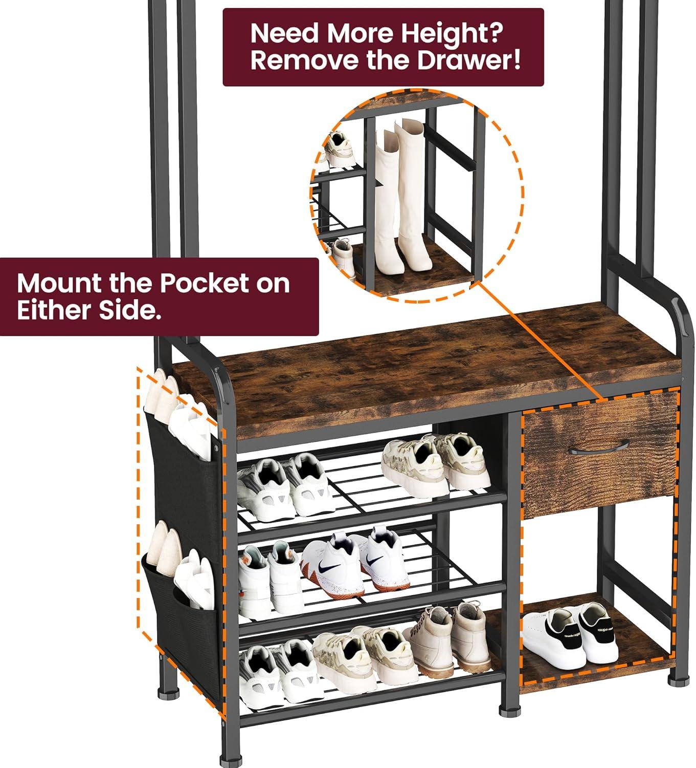 imageHomeiju Hall Tree with Bench and Shoe Storage 3in1 Entryway Organizer with 62 Hooks Coat Rack with Adjustable Feet for Stability Mudroom Furniture with Storage Shelf