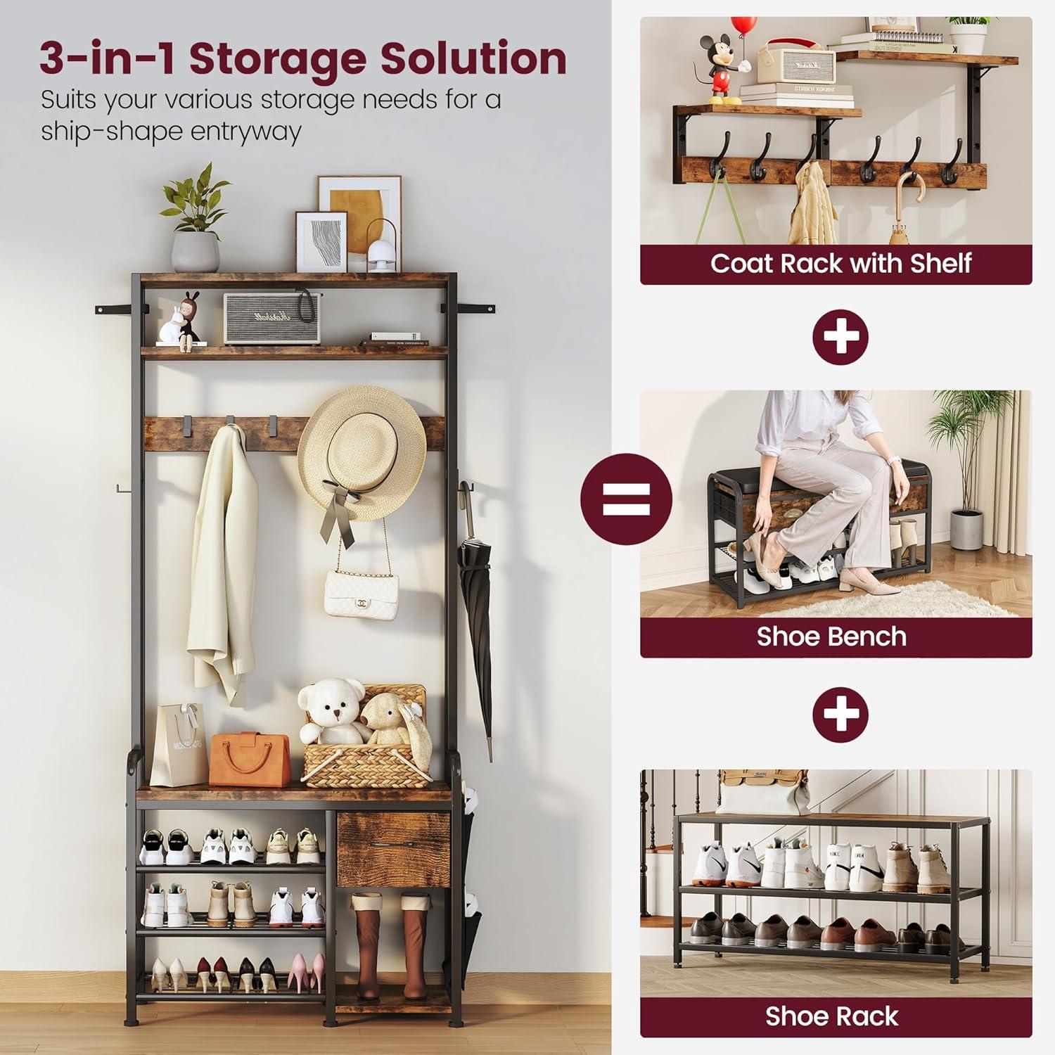 imageHomeiju Hall Tree with Bench and Shoe Storage 3in1 Entryway Organizer with 62 Hooks Coat Rack with Adjustable Feet for Stability Mudroom Furniture with Storage Shelf