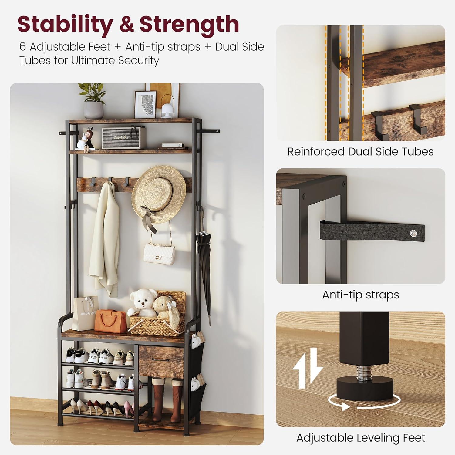 imageHomeiju Hall Tree with Bench and Shoe Storage 3in1 Entryway Organizer with 62 Hooks Coat Rack with Adjustable Feet for Stability Mudroom Furniture with Storage Shelf