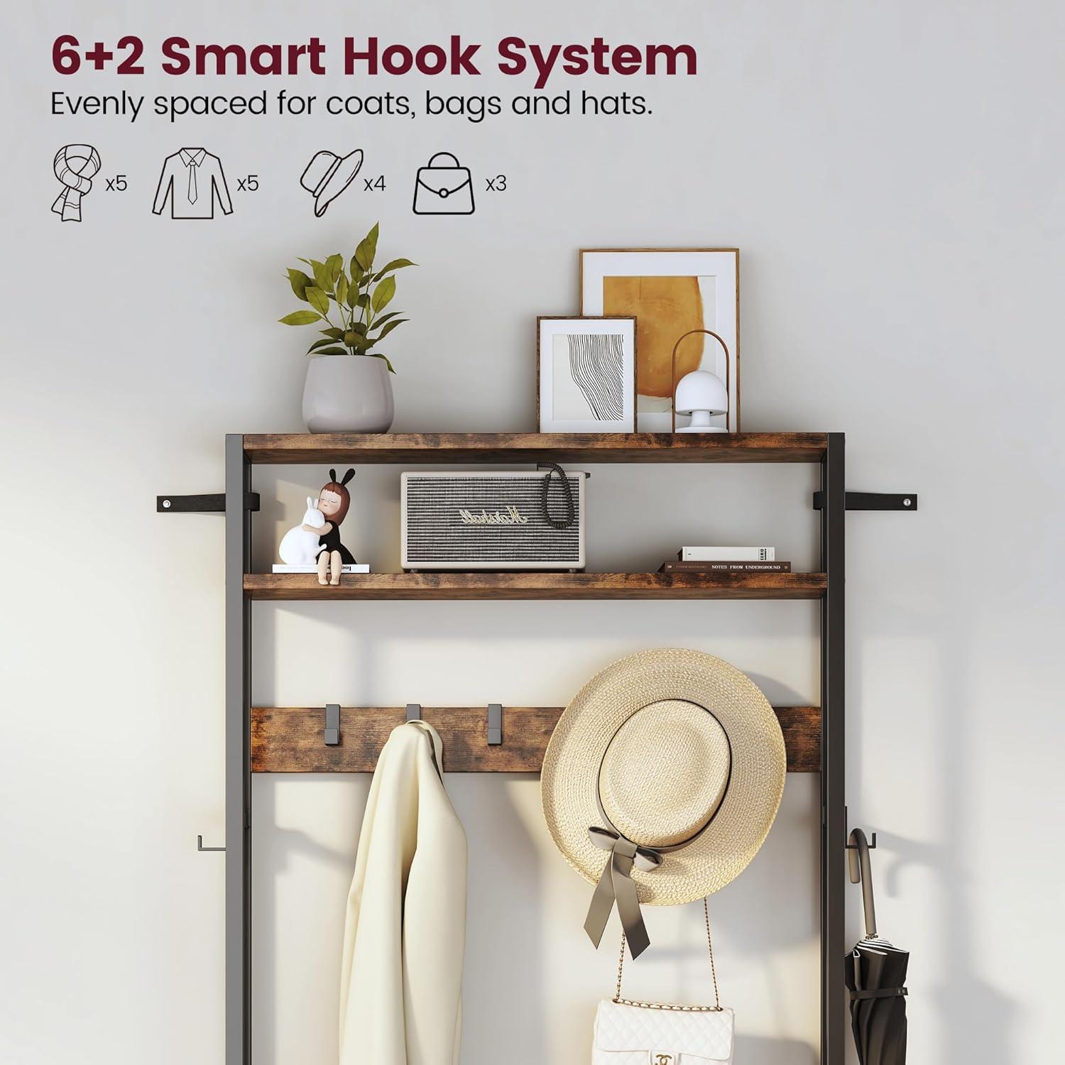 imageHomeiju Hall Tree with Bench and Shoe Storage 3in1 Entryway Organizer with 62 Hooks Coat Rack with Adjustable Feet for Stability Mudroom Furniture with Storage Shelf