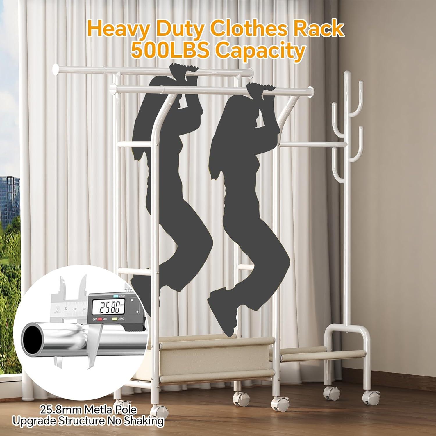 imageHomeiju Heavy Duty Clothes Rack Load 500LBS Three Rods Clothing Racks for Hanging Clothes Extendable Rolling Garment Rack with Sturdy Wheels Basket Storage Shelves BlackWhite