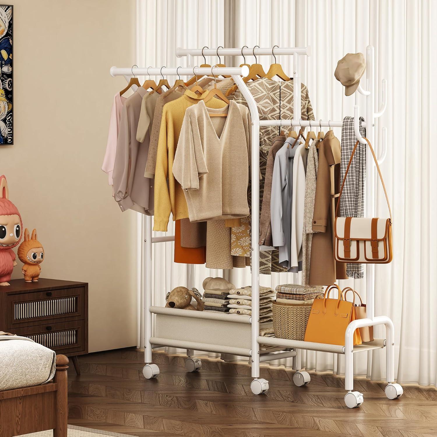 imageHomeiju Heavy Duty Clothes Rack Load 500LBS Three Rods Clothing Racks for Hanging Clothes Extendable Rolling Garment Rack with Sturdy Wheels Basket Storage Shelves BlackWhite