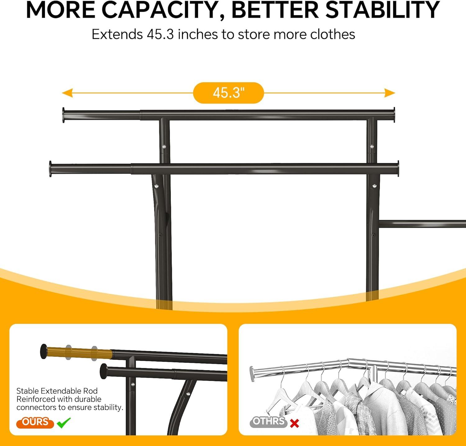 imageHomeiju Heavy Duty Clothes Rack Load 500LBS Three Rods Clothing Racks for Hanging Clothes Extendable Rolling Garment Rack with Sturdy Wheels Basket Storage Shelves BlackBlack