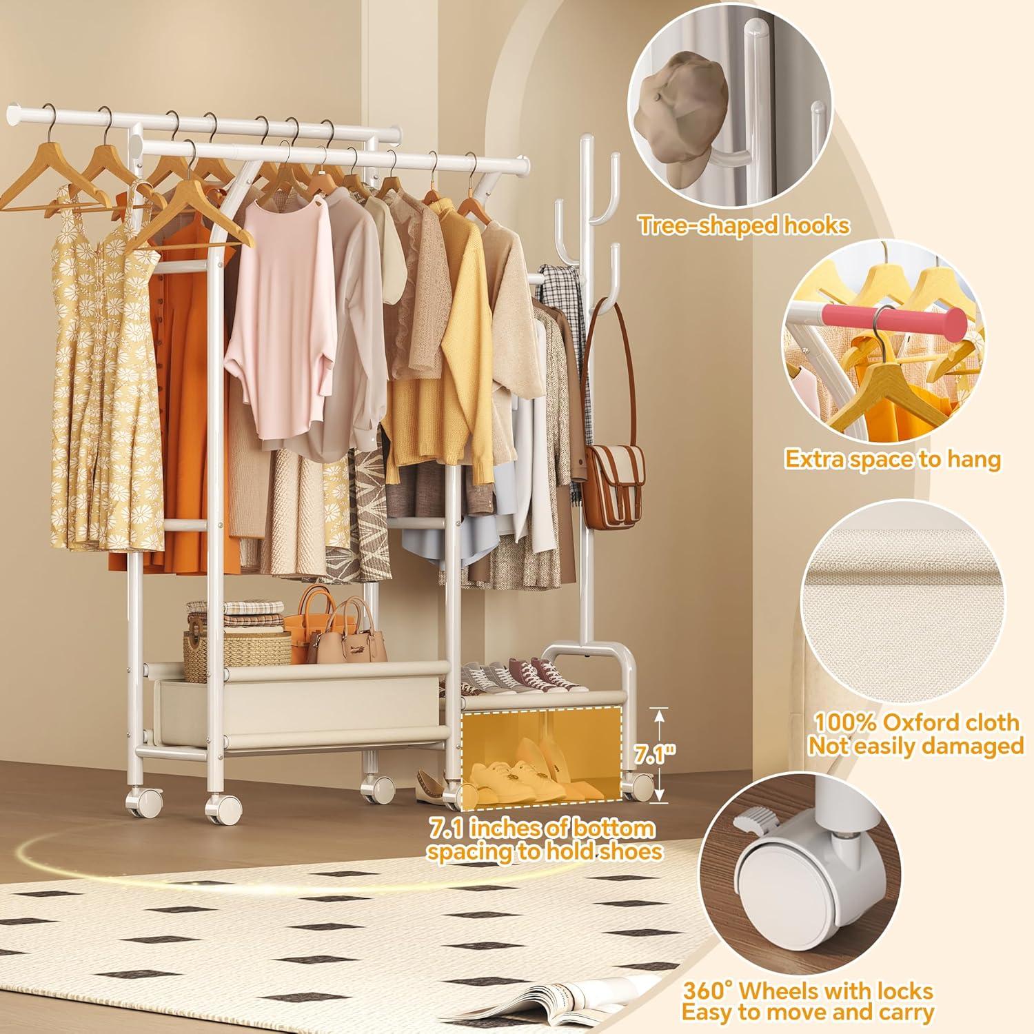 imageHomeiju Heavy Duty Clothes Rack Load 500LBS Three Rods Clothing Racks for Hanging Clothes Extendable Rolling Garment Rack with Sturdy Wheels Basket Storage Shelves BlackWhite