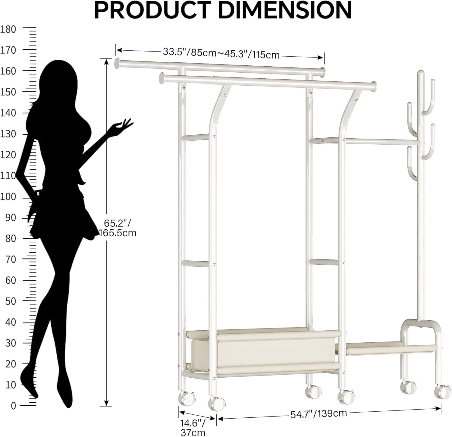 imageHomeiju Heavy Duty Clothes Rack Load 500LBS Three Rods Clothing Racks for Hanging Clothes Extendable Rolling Garment Rack with Sturdy Wheels Basket Storage Shelves BlackWhite