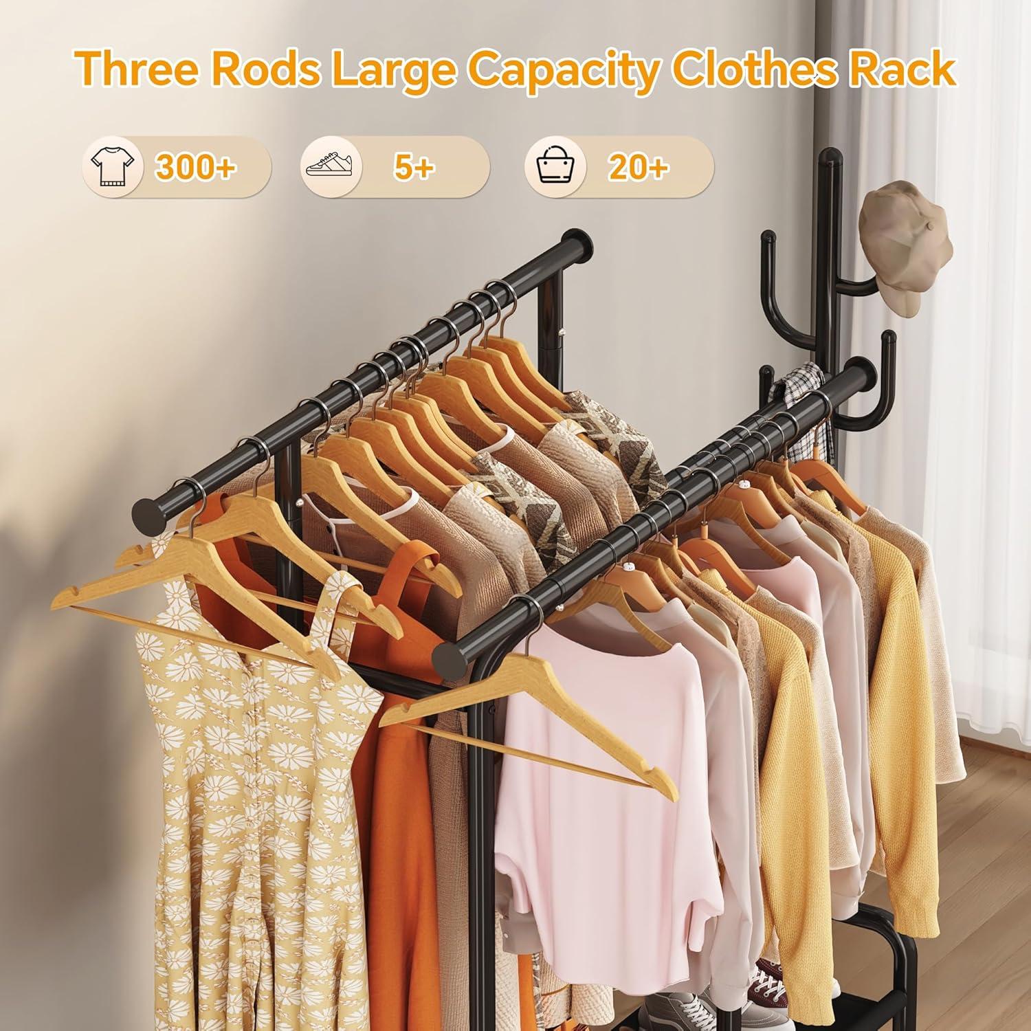 imageHomeiju Heavy Duty Clothes Rack Load 500LBS Three Rods Clothing Racks for Hanging Clothes Extendable Rolling Garment Rack with Sturdy Wheels Basket Storage Shelves BlackBlack