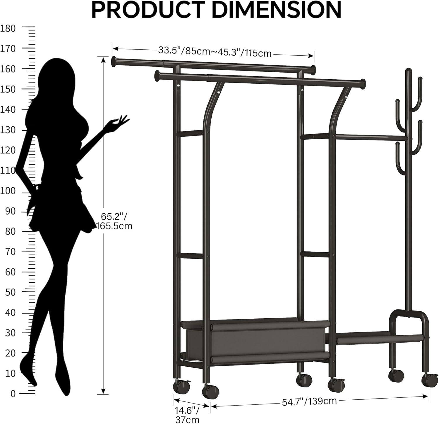 imageHomeiju Heavy Duty Clothes Rack Load 500LBS Three Rods Clothing Racks for Hanging Clothes Extendable Rolling Garment Rack with Sturdy Wheels Basket Storage Shelves BlackBlack