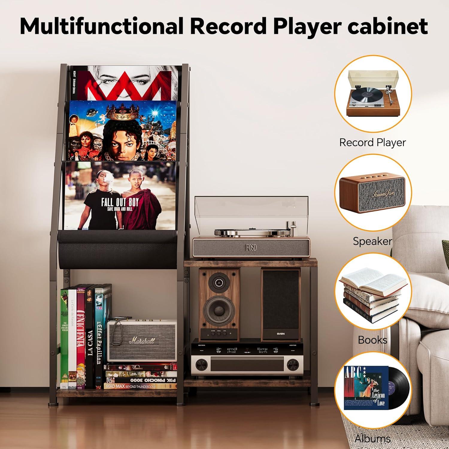 imageHomeiju Record Player Stand with Vinyl Record Storage 3in1 Record Cabinet ampamp Turntable Stand Fits 200 Albums Vintage Media Storage Organizer Rustic Brown