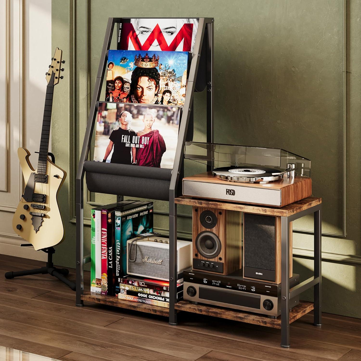 imageHomeiju Record Player Stand with Vinyl Record Storage 3in1 Record Cabinet ampamp Turntable Stand Fits 200 Albums Vintage Media Storage Organizer Rustic Brown