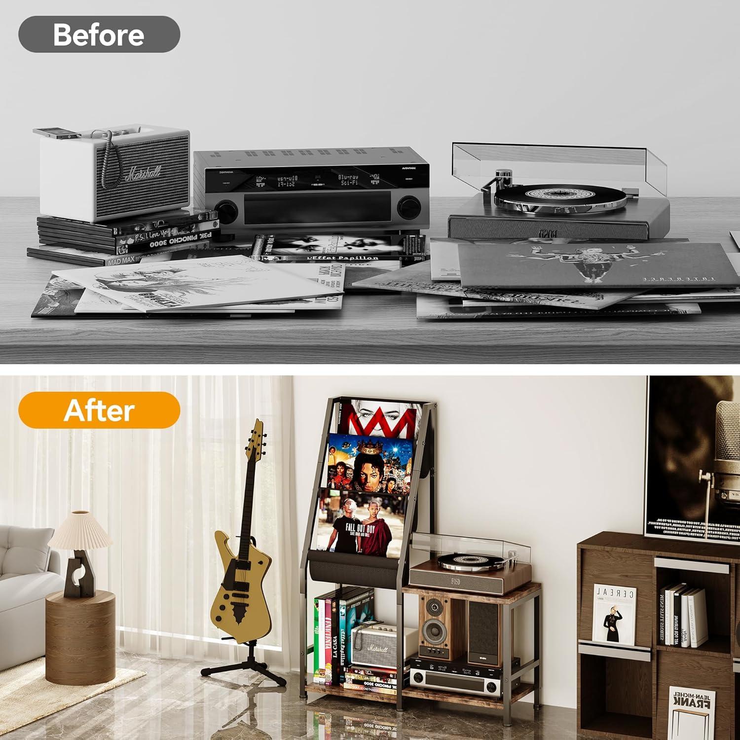 imageHomeiju Record Player Stand with Vinyl Record Storage 3in1 Record Cabinet ampamp Turntable Stand Fits 200 Albums Vintage Media Storage Organizer Rustic Brown