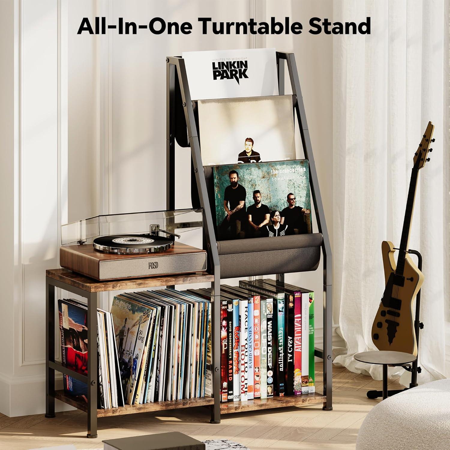 imageHomeiju Record Player Stand with Vinyl Record Storage 3in1 Record Cabinet ampamp Turntable Stand Fits 200 Albums Vintage Media Storage Organizer Rustic Brown