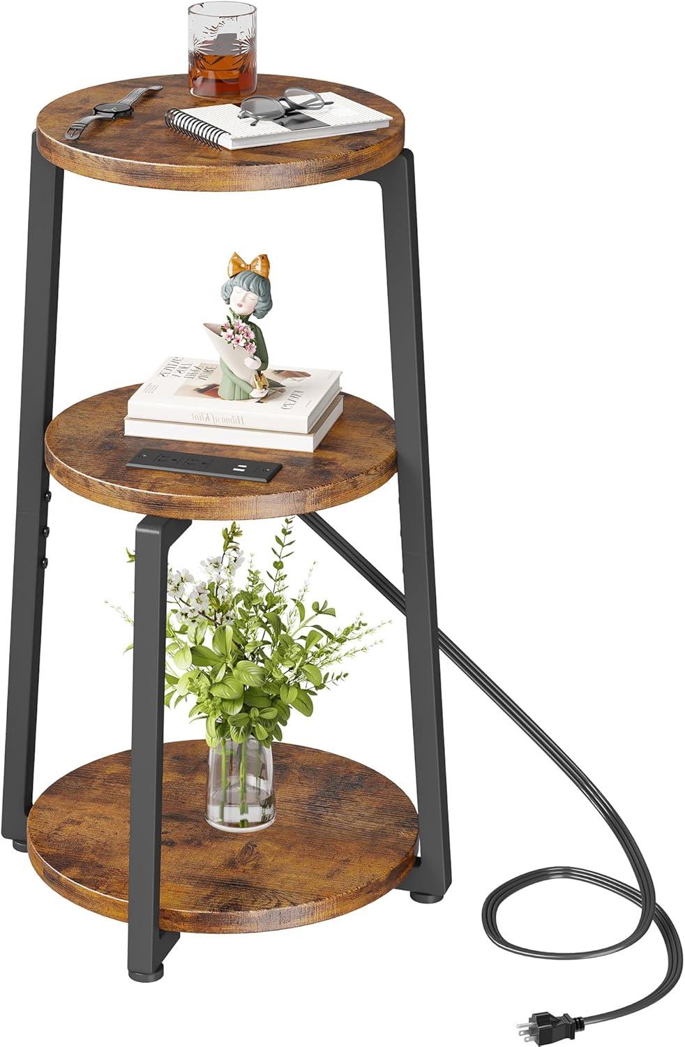 imageHomeiju Round End Table with Charging Station 3Tier Small Bedside Table with Metal Frame Nightstand with USB Ports ampamp Power Outlets for Small Space in Living Room Bedroom Rustic Brown