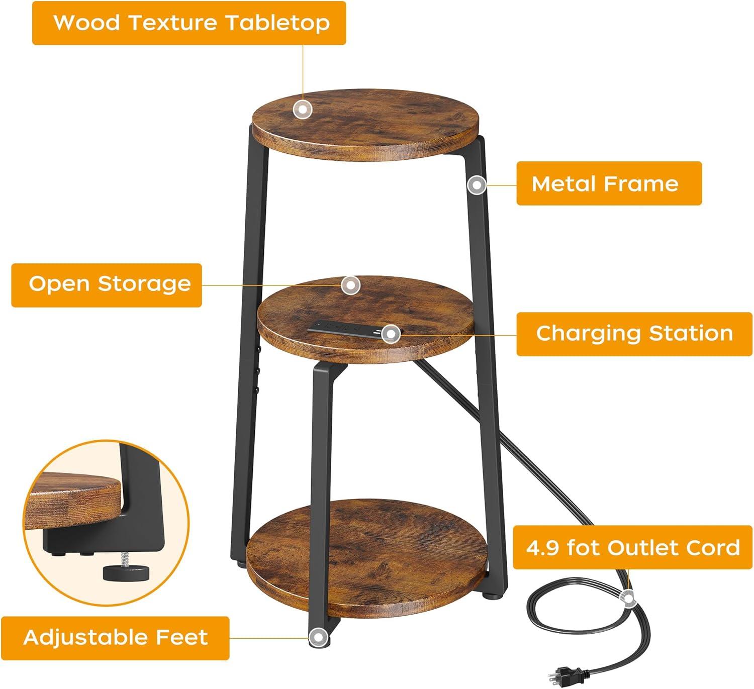 imageHomeiju Round End Table with Charging Station 3Tier Small Bedside Table with Metal Frame Nightstand with USB Ports ampamp Power Outlets for Small Space in Living Room Bedroom Rustic Brown