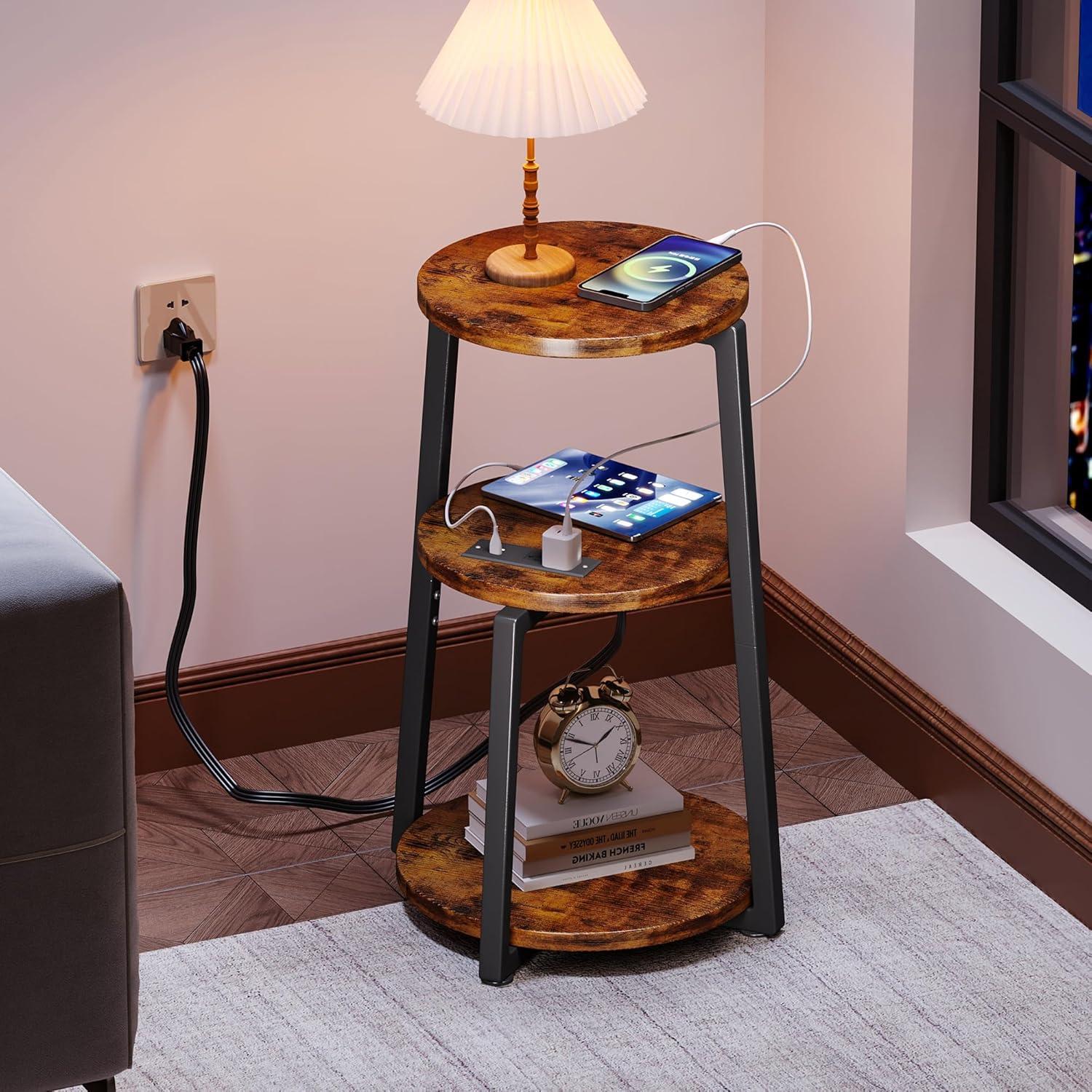 imageHomeiju Round End Table with Charging Station 3Tier Small Bedside Table with Metal Frame Nightstand with USB Ports ampamp Power Outlets for Small Space in Living Room Bedroom Rustic Brown