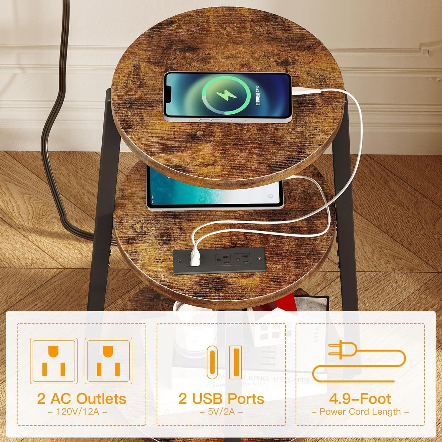 imageHomeiju Round End Table with Charging Station 3Tier Small Bedside Table with Metal Frame Nightstand with USB Ports ampamp Power Outlets for Small Space in Living Room Bedroom Rustic Brown
