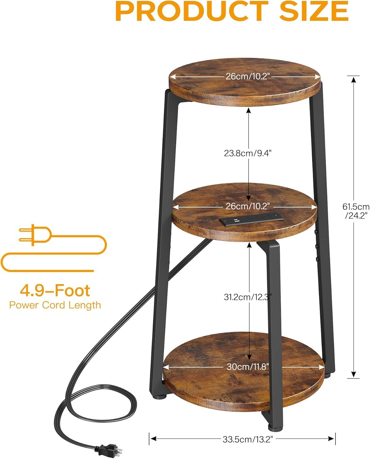 imageHomeiju Round End Table with Charging Station 3Tier Small Bedside Table with Metal Frame Nightstand with USB Ports ampamp Power Outlets for Small Space in Living Room Bedroom Rustic Brown