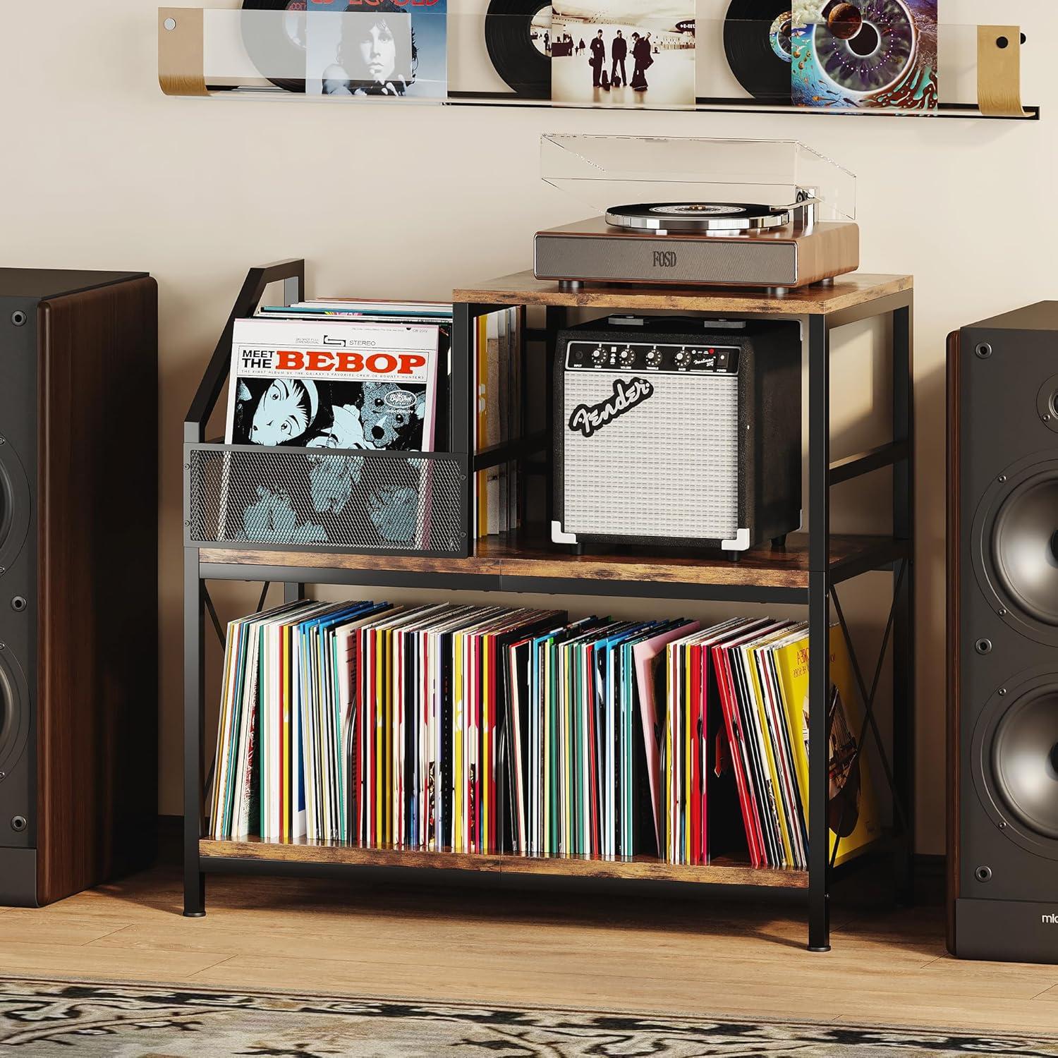 imageRecord Player Stand Turntable Stand with 3 Adjustable Divider Holds up to 300 Albums Vintage Record Player Table with Vinyl Record Holder Record Cabinet for Living Room Bedroom Office