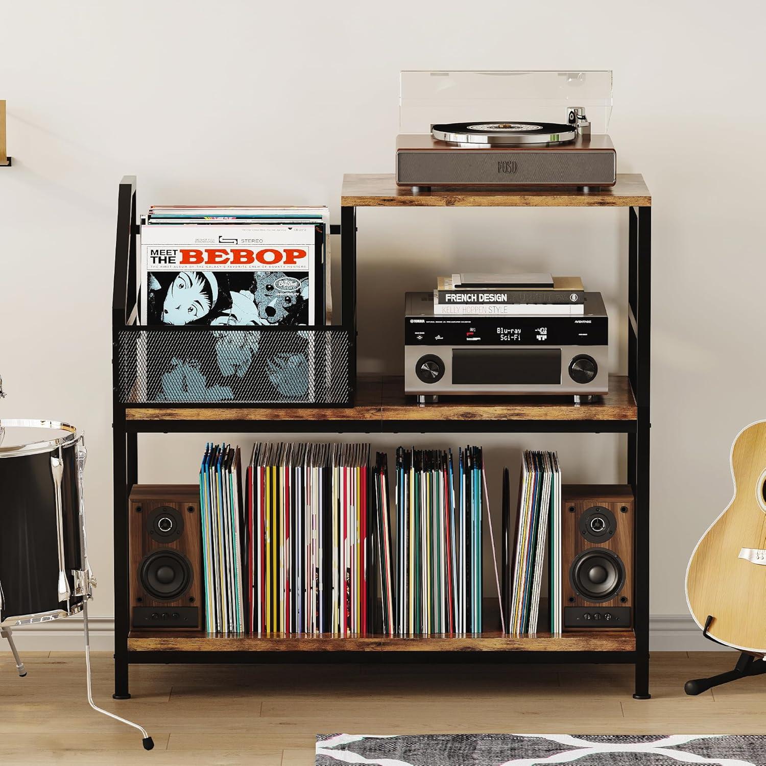 imageRecord Player Stand Turntable Stand with 3 Adjustable Divider Holds up to 300 Albums Vintage Record Player Table with Vinyl Record Holder Record Cabinet for Living Room Bedroom Office