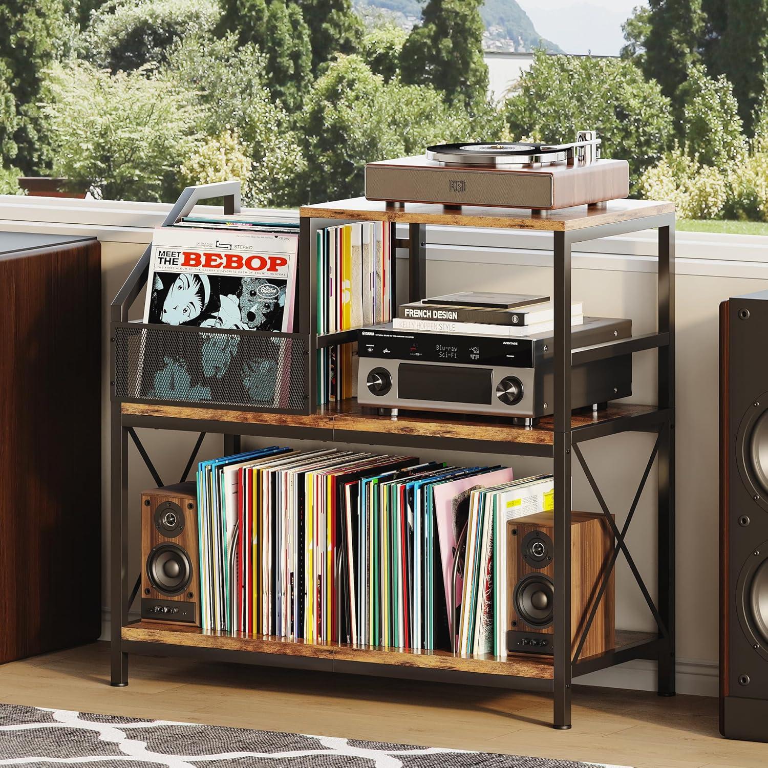 imageRecord Player Stand Turntable Stand with 3 Adjustable Divider Holds up to 300 Albums Vintage Record Player Table with Vinyl Record Holder Record Cabinet for Living Room Bedroom Office