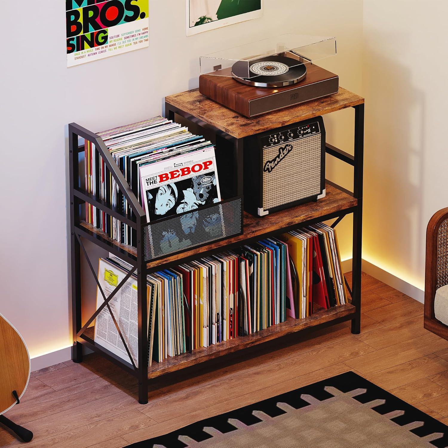 imageRecord Player Stand Turntable Stand with 3 Adjustable Divider Holds up to 300 Albums Vintage Record Player Table with Vinyl Record Holder Record Cabinet for Living Room Bedroom Office