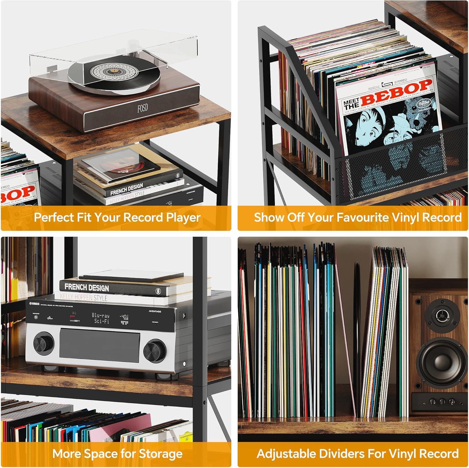 imageRecord Player Stand Turntable Stand with 3 Adjustable Divider Holds up to 300 Albums Vintage Record Player Table with Vinyl Record Holder Record Cabinet for Living Room Bedroom Office