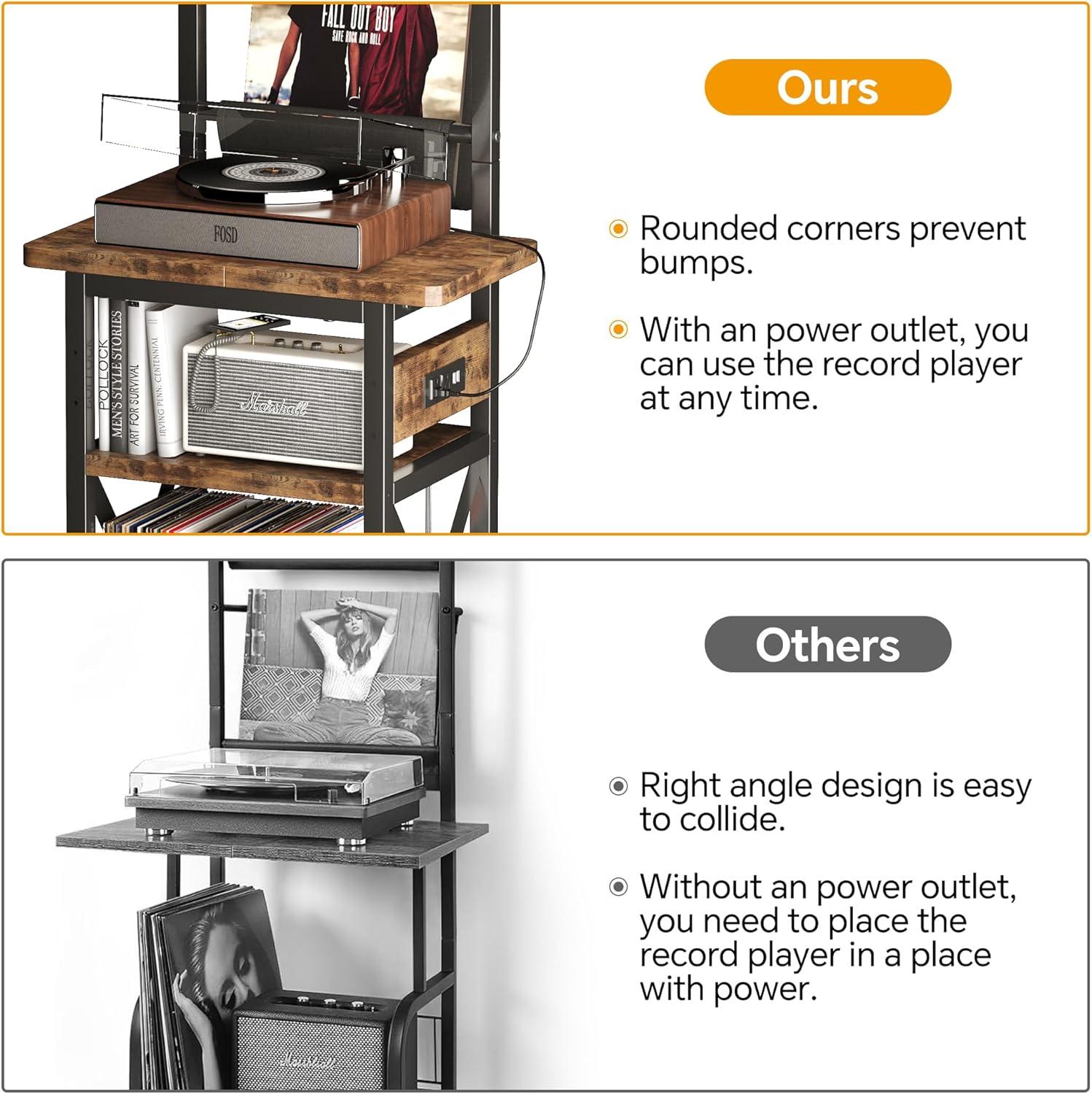 imageRecord Player Stand with Power Outlet 6 Tier Vinyl Record Display Shelf Record Player Table with album storage up to 200 Albums Console Organizer Display Shelf Gifts for Music Lovers