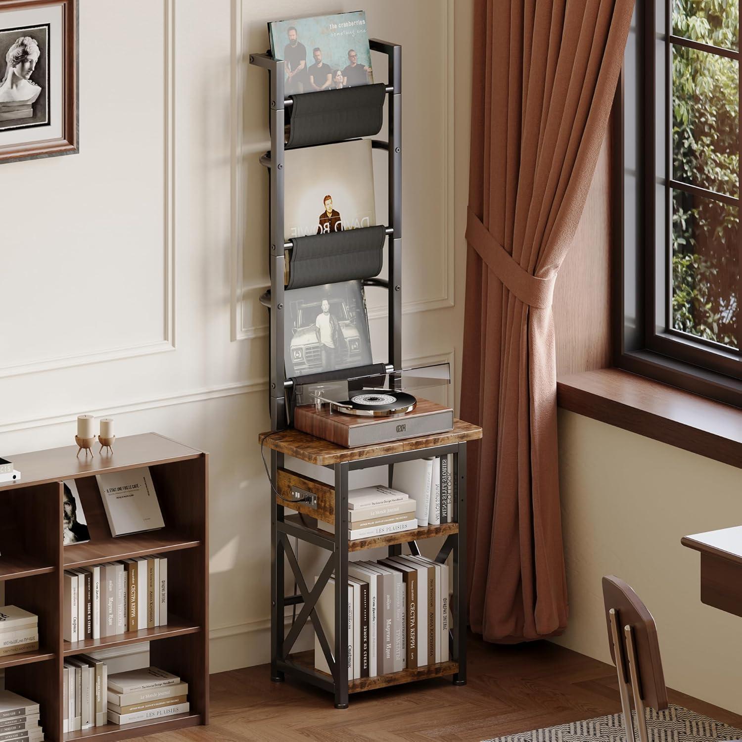 imageRecord Player Stand with Power Outlet 6 Tier Vinyl Record Display Shelf Record Player Table with album storage up to 200 Albums Console Organizer Display Shelf Gifts for Music Lovers