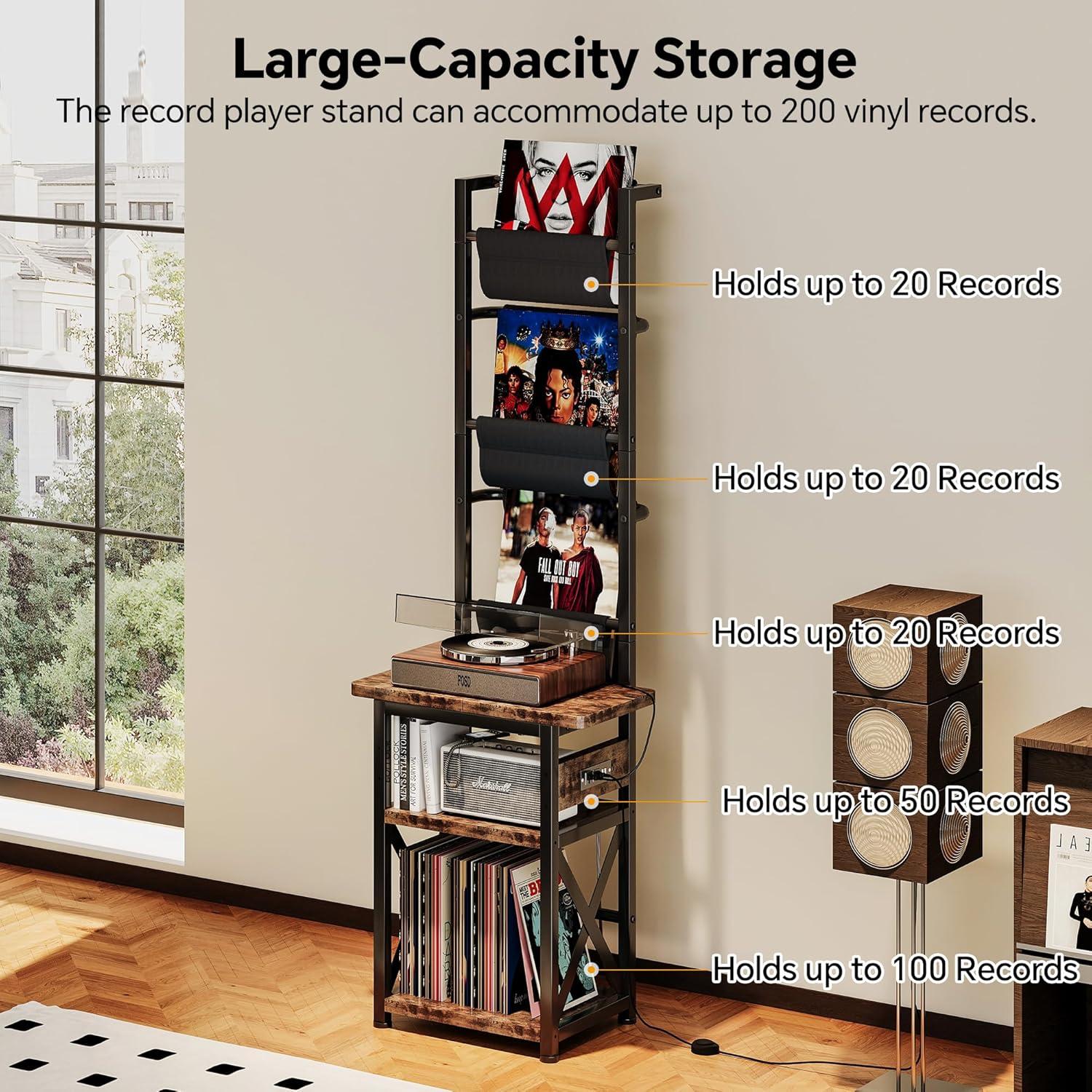 imageRecord Player Stand with Power Outlet 6 Tier Vinyl Record Display Shelf Record Player Table with album storage up to 200 Albums Console Organizer Display Shelf Gifts for Music Lovers