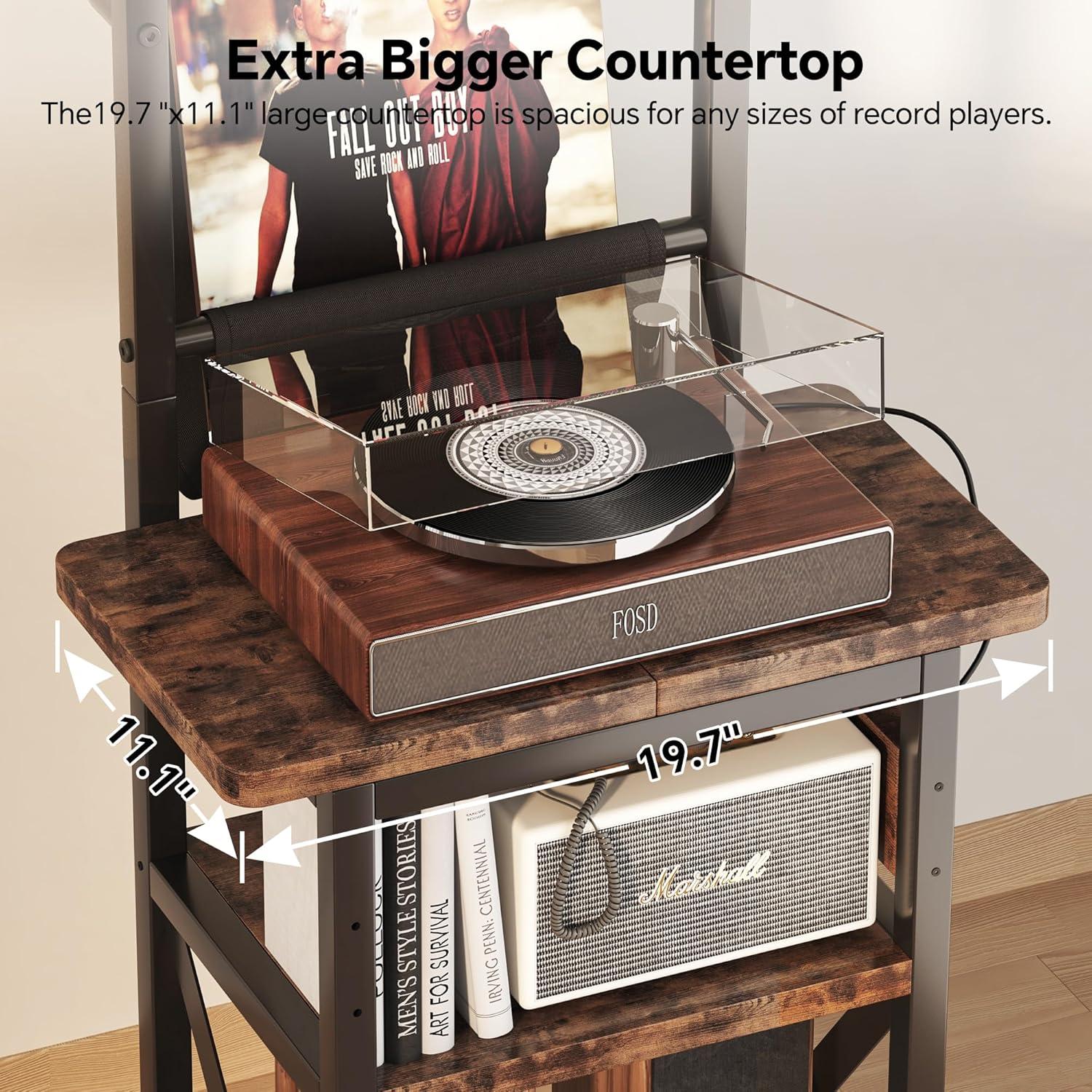 imageRecord Player Stand with Power Outlet 6 Tier Vinyl Record Display Shelf Record Player Table with album storage up to 200 Albums Console Organizer Display Shelf Gifts for Music Lovers