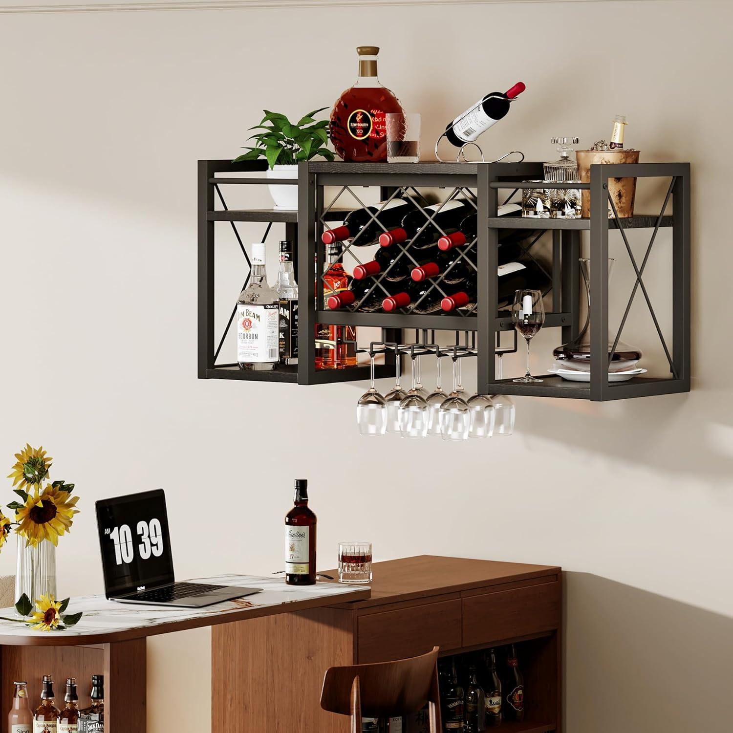 imageWall Mounted Wine Rack with Glass Holder WoodMetal Retro Bar Shelf Wine Bottles Display Wall Storage for Kitchen Dining Room Home BarBlack