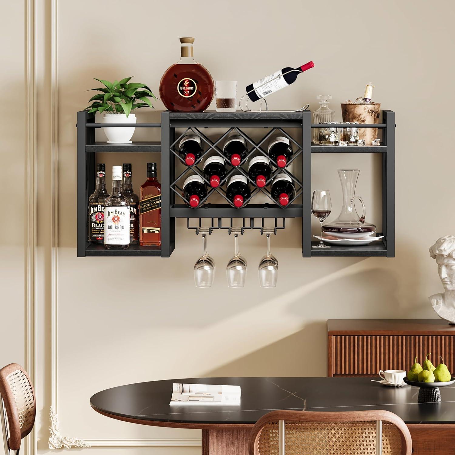 imageWall Mounted Wine Rack with Glass Holder WoodMetal Retro Bar Shelf Wine Bottles Display Wall Storage for Kitchen Dining Room Home BarBlack