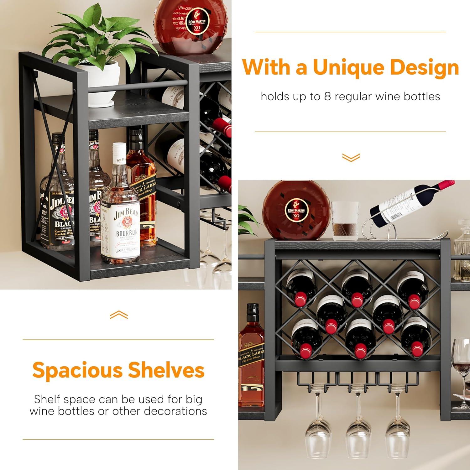 imageWall Mounted Wine Rack with Glass Holder WoodMetal Retro Bar Shelf Wine Bottles Display Wall Storage for Kitchen Dining Room Home BarBlack