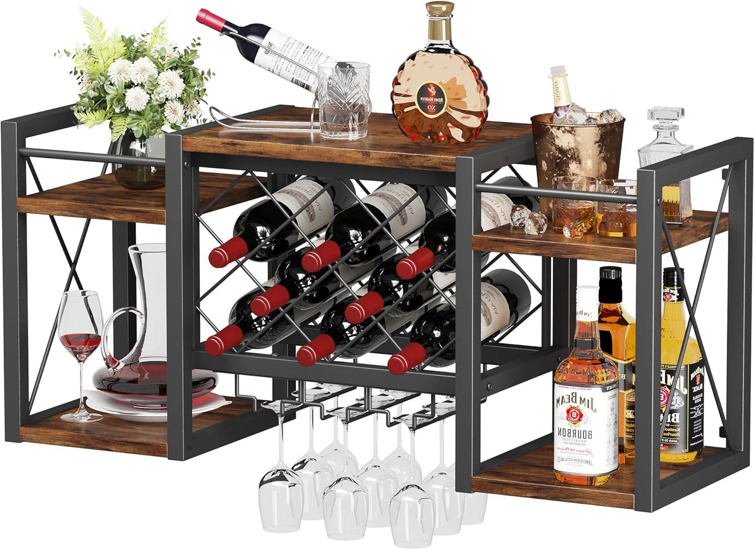 imageWall Mounted Wine Rack with Glass Holder WoodMetal Retro Bar Shelf Wine Bottles Display Wall Storage for Kitchen Dining Room Home BarVintage
