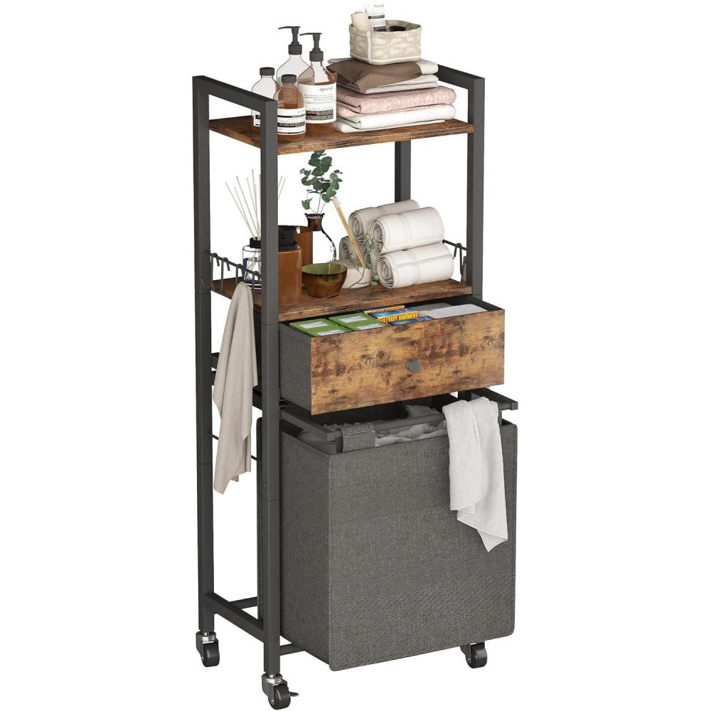 image2 Tiers Laundry Hamper with Fabric Drawer and 2 Wooden Shelves Laundry Basket with Removable Bag and 8 Storage Hooks Laundry Sort with Divided Bag for Laundry Room Bathroom Bedroom Dorm