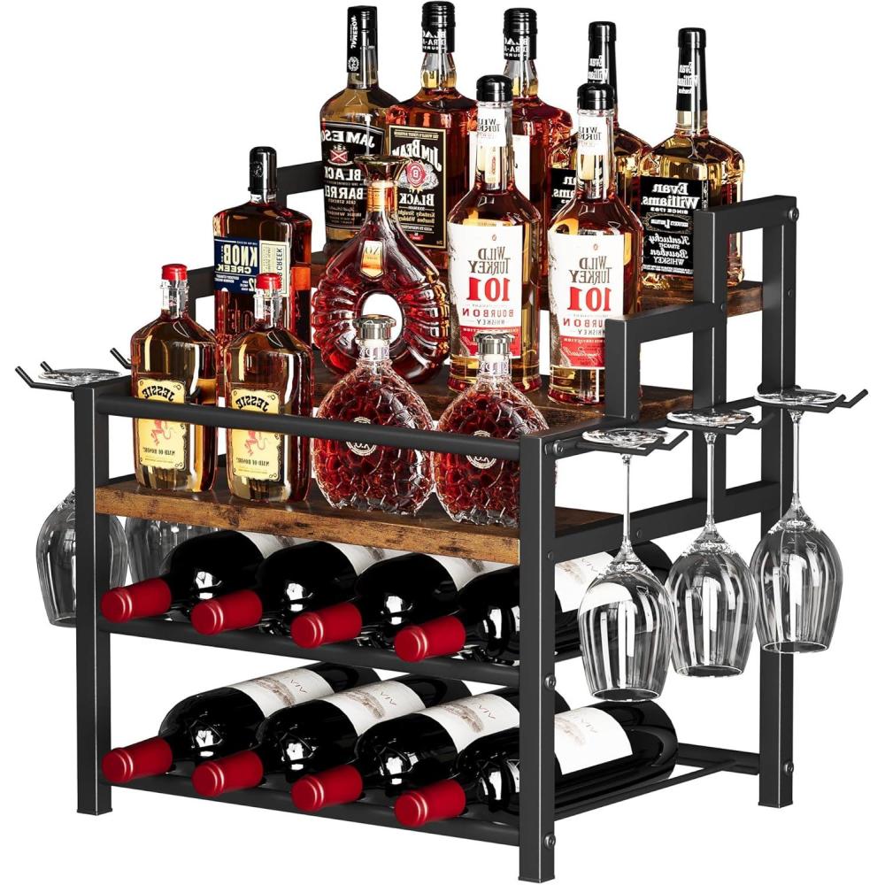 image5Tier Liquor Bottle Display Shelf Holds up to 20 Bottles Countertop Wine Racks with 6 Wine Glass Holders Mini Wine Bar Cabinet for Home All in One Coffee Syrup Whiskey Organizer