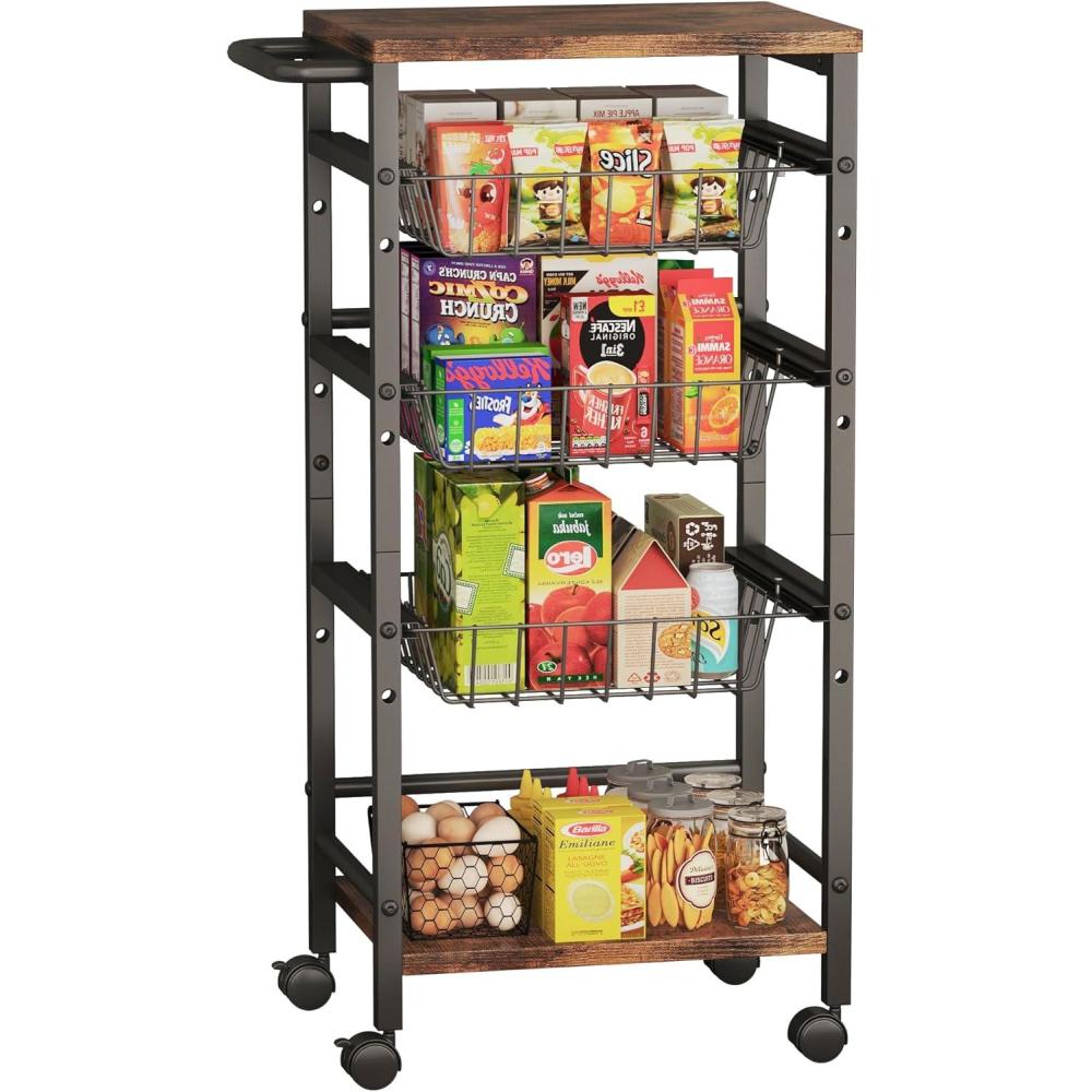 image5Tier Snack Organizer Cart with 3 Height Adjustable PullOut Baskets and 2 Storage Shelves Utility Kitchen Organizer and Storage Cart with Convenient Handle for Fruit Potato Onion Vegetable Snack5 Tier