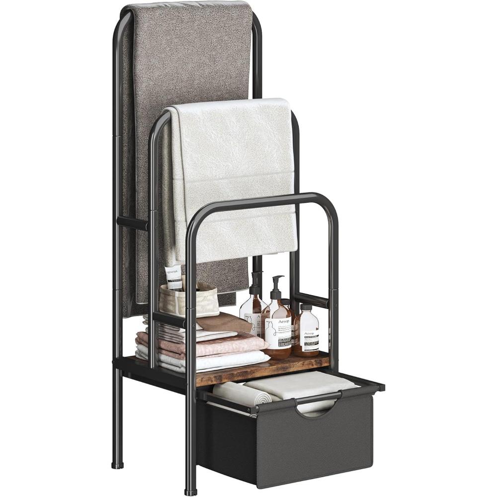 imageFreeStanding Towel Rack for Bathroom ampamp Blanket Holder 3Tier Towel Drying Rack 156quot L x 118quot W x 417quot H Blanket Ladder for BedroomLiving RoomRustic Brown