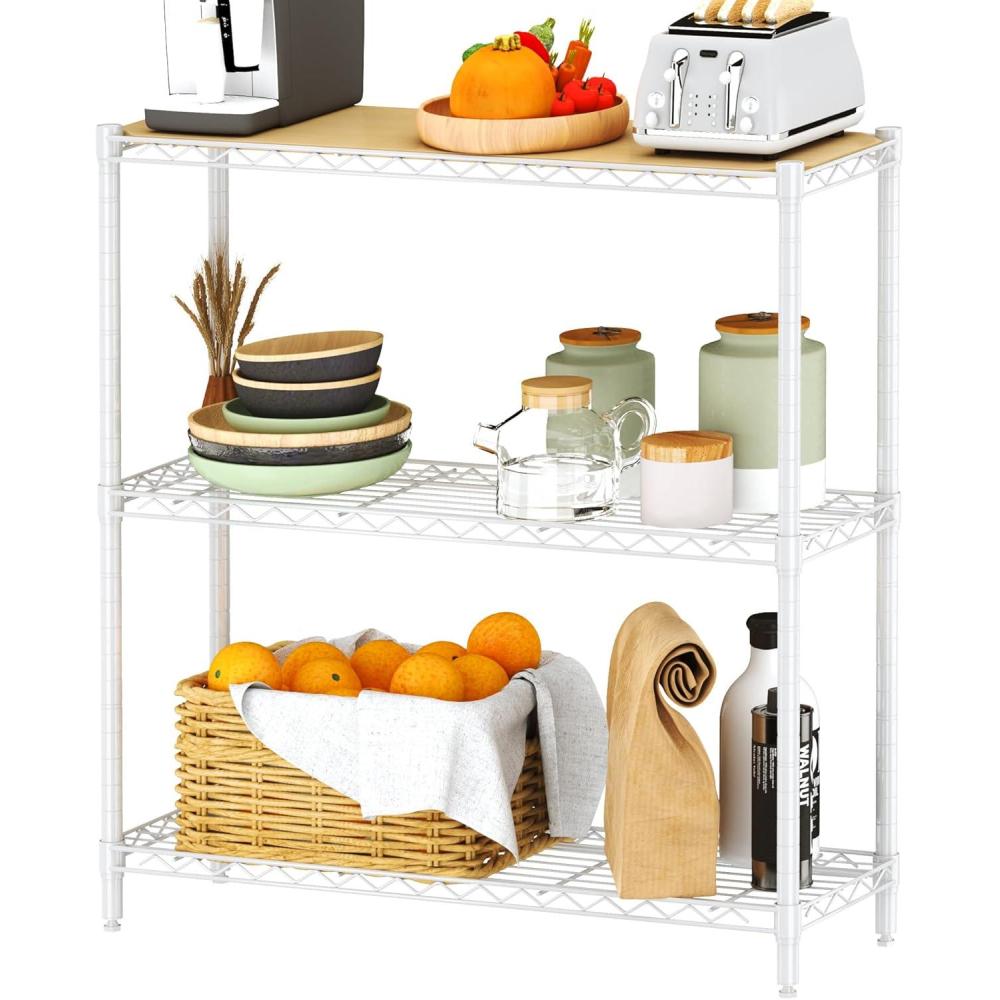 imageHomeiju 3Tier Kitchen Storage Shelf 298quot Wide Adjustable Standing Metal Shelving Unit with Removable Wooden Boards Heavy Duty for Pantry Bathroom Garage Entryway Plant StandWhite