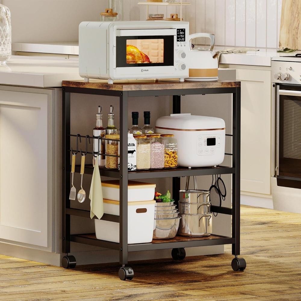 imageHomeiju 3Tier Wooden Microwave Cart with Storage 224W Microwave Stand Coffee Cart Rolling Kitchen Utility Cart with Wheels 5 Hooks Rustic Brown and Black