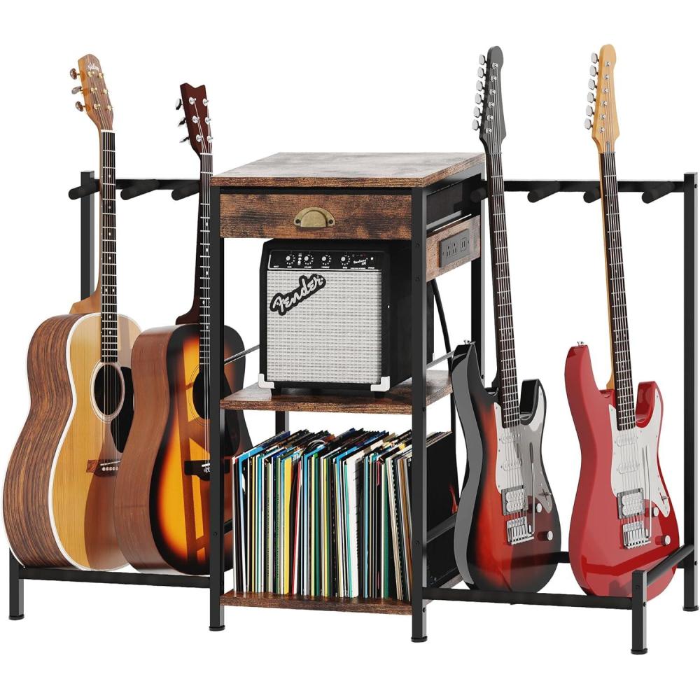 imageHomeiju 6Guitar Floor Stand with Charging Station ampamp 3Tier Storage Guitar Rack with Amp Stand ampamp Cloth Drawer Rubber Protected Guitar Holder for StudioHome  Heavy Duty Metal Frame