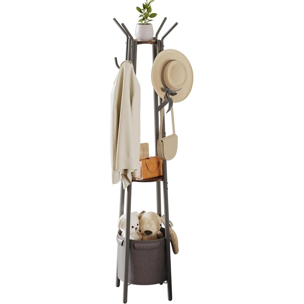 imageHomeiju Coat Rack Freestanding with Storage Basket ampamp 12 Hooks Heavy Duty Hall Tree for Entryway Standing Coat Rack with Shelf for Hallway Bedroom Office Organization