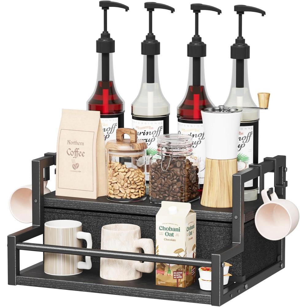 imageHomeiju Coffee Syrup Organizer Rack 2Tier Bottle Coffee Bar Accessories Holder Stand with K Cup Storage Drawer for Coffee bar Wine Rack Storage Shelves for Syrup BlackBlack