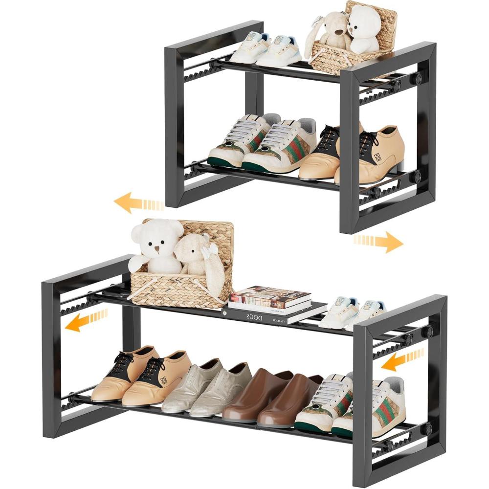 imageHomeiju Expandable Shoe Rack 2 Tier Metal Shoe Shelf Adjustable Shoe Stand for Sneakers Boots Heels HeavyDuty Steel Standing Shoe Organizer for Entryway Closet Bedroom BlackBlack