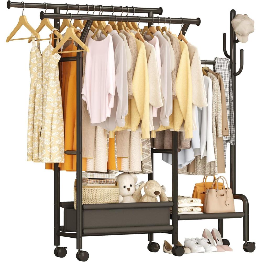 imageHomeiju Heavy Duty Clothes Rack Load 500LBS Three Rods Clothing Racks for Hanging Clothes Extendable Rolling Garment Rack with Sturdy Wheels Basket Storage Shelves BlackBlack