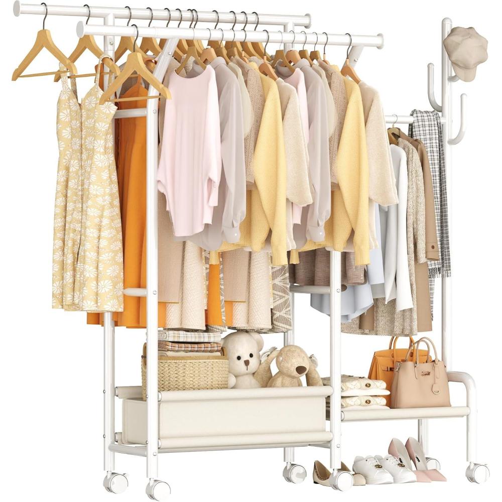 imageHomeiju Heavy Duty Clothes Rack Load 500LBS Three Rods Clothing Racks for Hanging Clothes Extendable Rolling Garment Rack with Sturdy Wheels Basket Storage Shelves BlackWhite