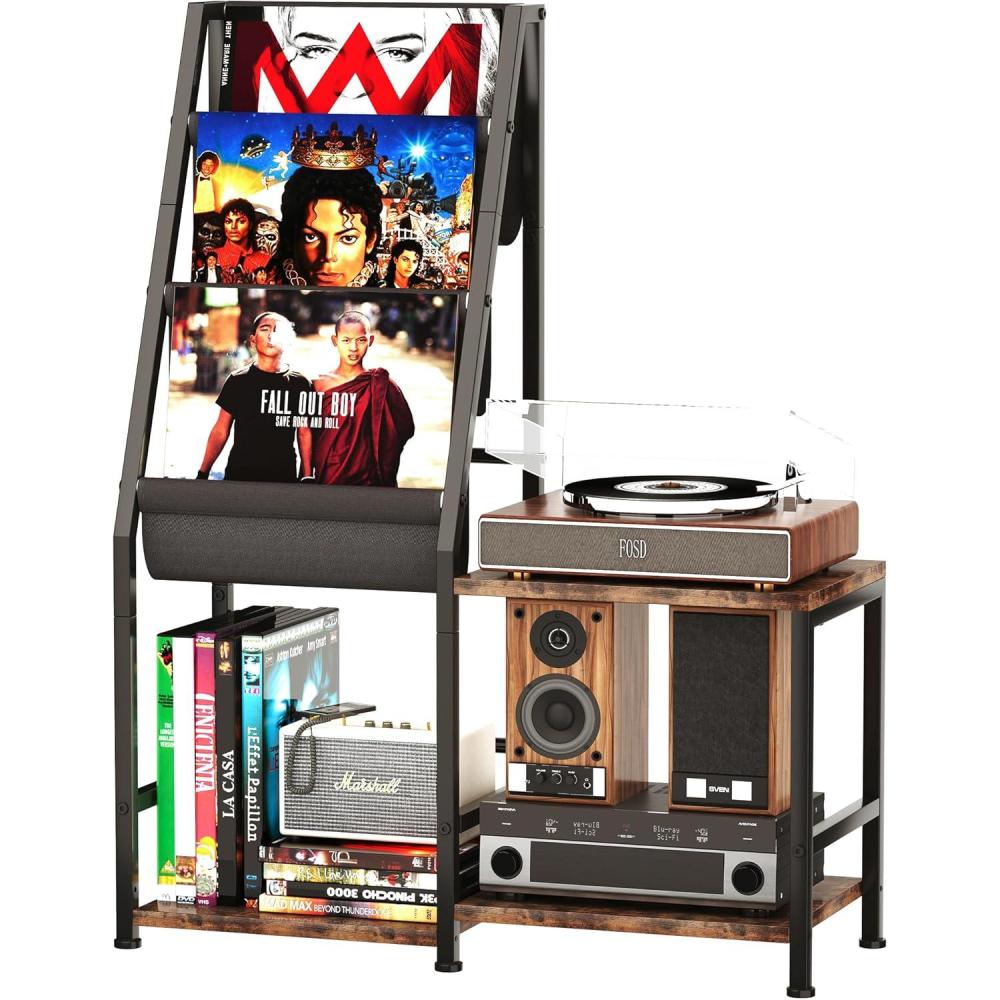 imageHomeiju Record Player Stand with Vinyl Record Storage 3in1 Record Cabinet ampamp Turntable Stand Fits 200 Albums Vintage Media Storage Organizer Rustic Brown
